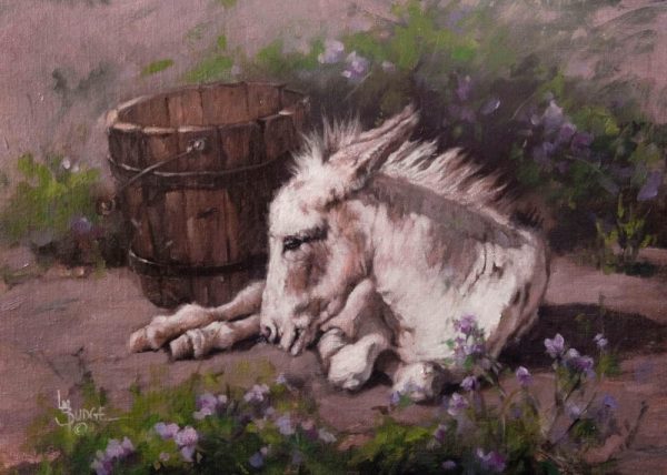 original oil painting by Linda Budge - burro in spring flowers