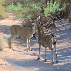 original oil painting by Linda Budge - deer in a desert wash
