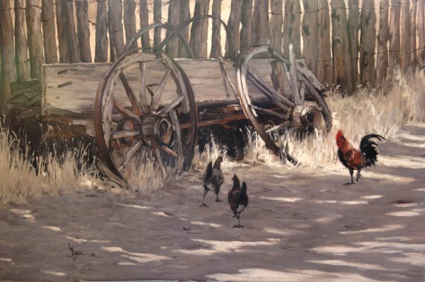 original oil painting by Linda Budge - rooster and chicken